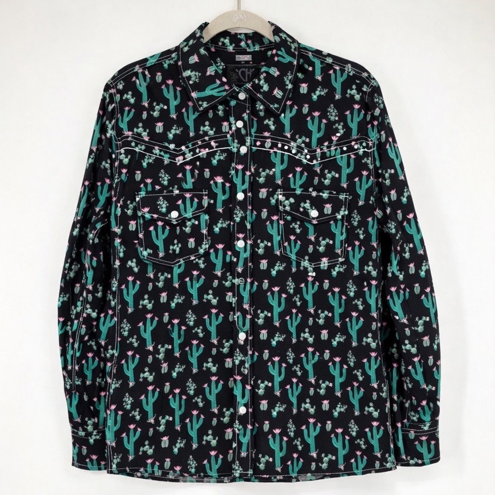 Cowgirl Hardware Sz XL Cactus Print Western Shirt Pearl Snap Rhinestone Long Slv